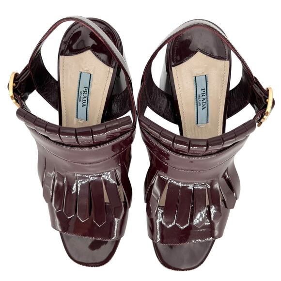 PRADA Patent Leather Fringe Trim Kiltie Buckle Sandals EU 39.5 US 9.5 Block Heel - Picture 7 of 11